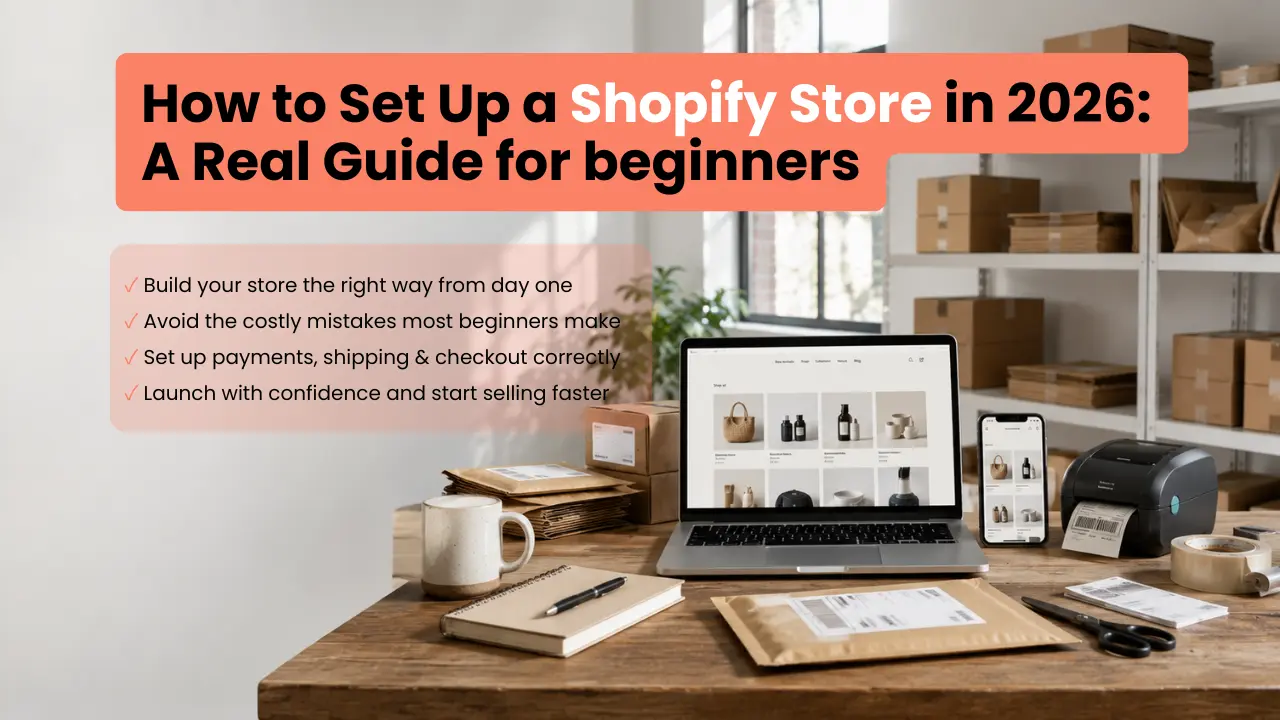 featured image showing a workspace setup with a laptop, smartphone, shipping packages, and the text "How to Set Up a Shopify Store in 2026: A Real Guide for beginners."