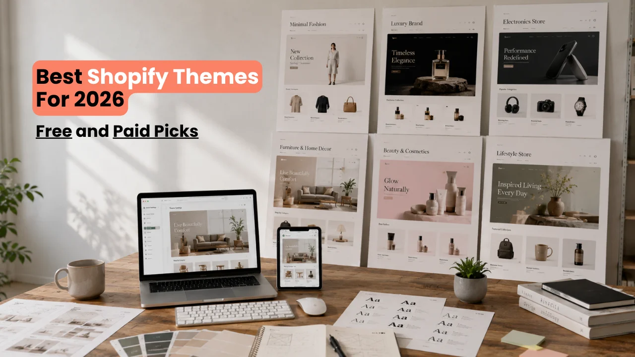 Laptop and phone displaying Shopify storefront designs with various website layout posters on the wall behind them, illustrating the best Shopify themes guide.