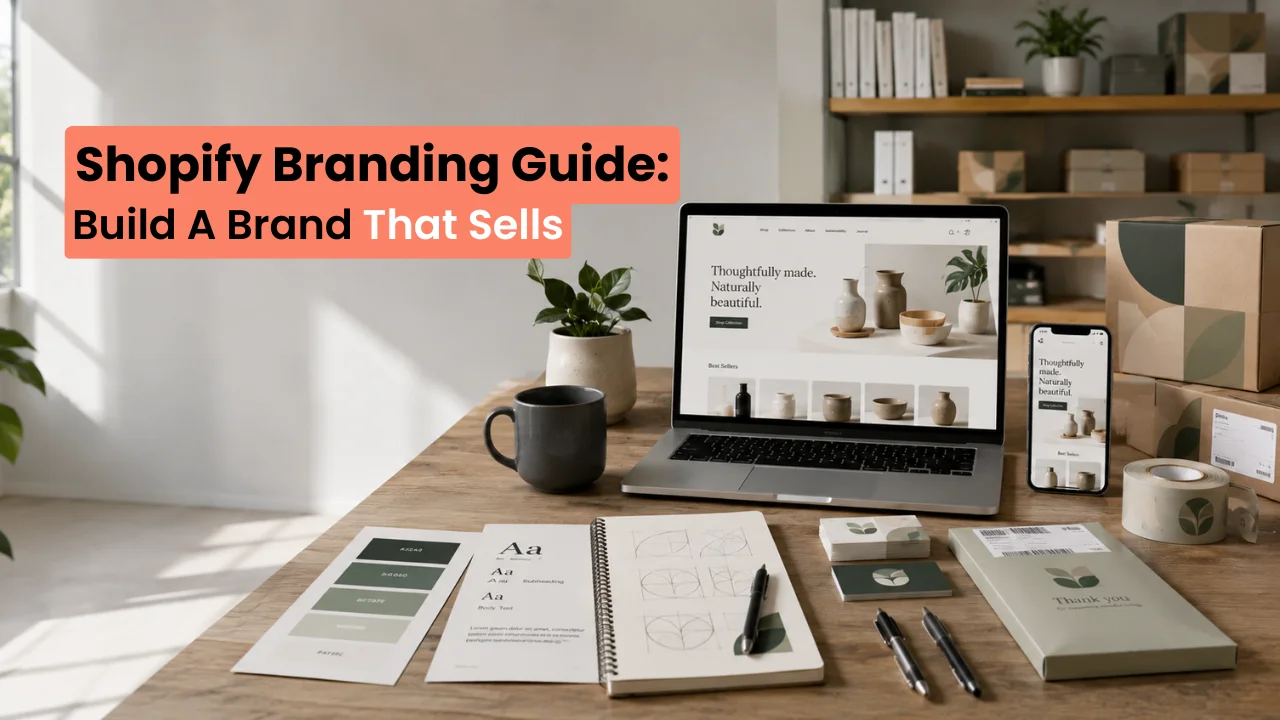Laptop, smartphone, color swatches, typography notes, and packaging materials laid out on a desk showcasing a Shopify store branding guide.