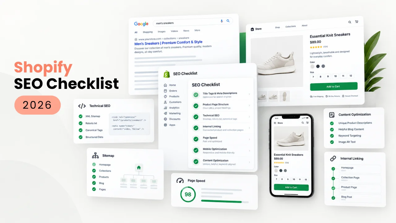 Featured infographic for a comprehensive 2026 Shopify SEO checklist. It includes cards outlining optimizations for Technical SEO, Page Speed, Internal Linking, Content Optimization, Sitemaps, and Mobile-Friendly design, using screenshots from a hypothetical online store.