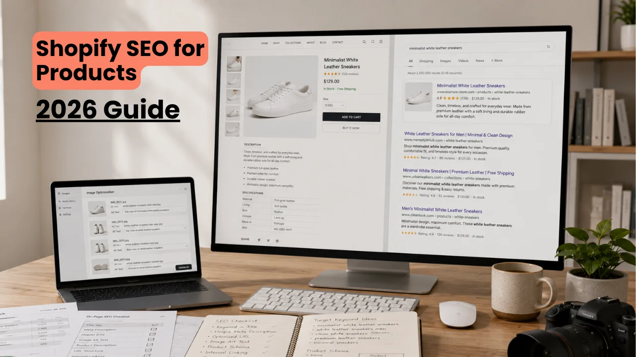 A desktop monitor and laptop displaying a Shopify product page and search engine results, featuring a 2026 guide overlay for Shopify SEO.