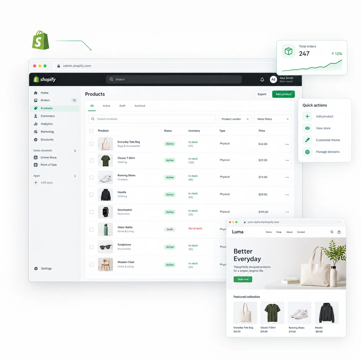 Shopify admin dashboard showing product listing and live storefront preview