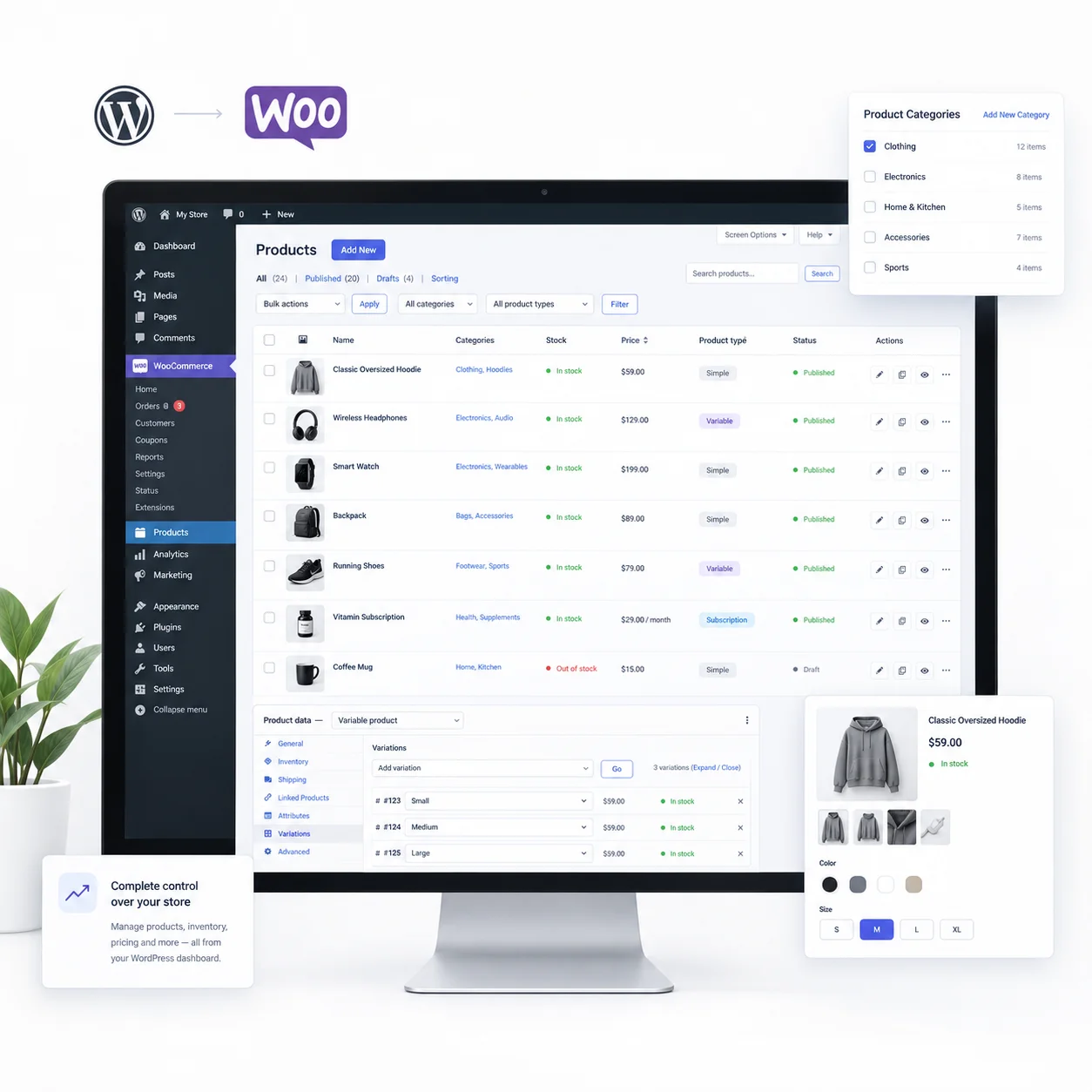 WooCommerce product management dashboard inside WordPress showing product variations and categories
